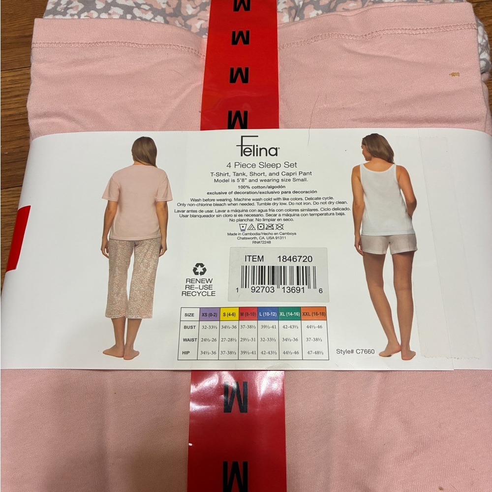 Women's Felins Pink, Gray and White Cotton 4 Piece Sleep Set Size Medium NWT - Picture 2 of 6